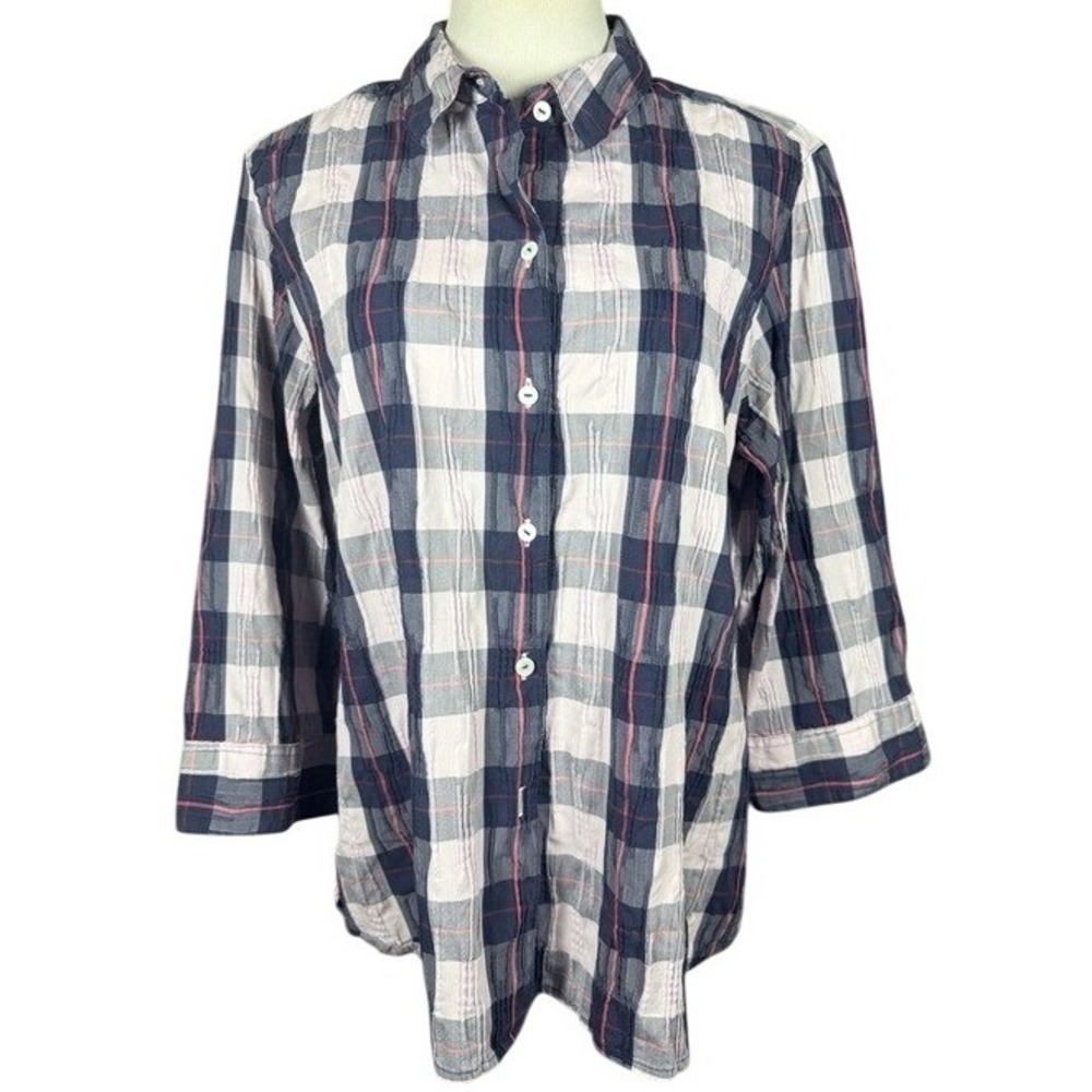 Foxcroft NYC Womens‎ 18 Shaped Shirt Navy Blue White Plaid Crinkle 3/4 Sleeve